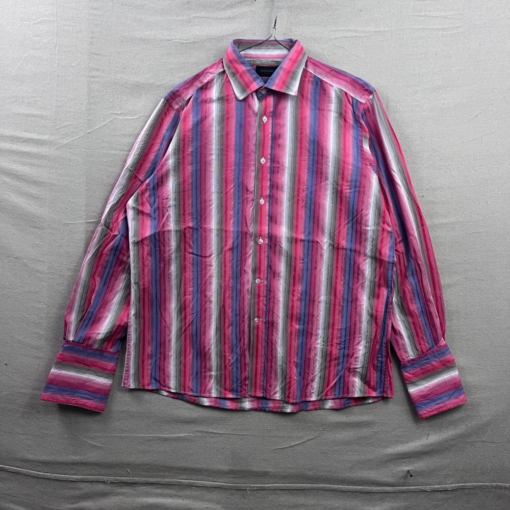 Duchamp London Button Down Shirt Mens 17.5 Pink Striped French Cuffs‎ Italy